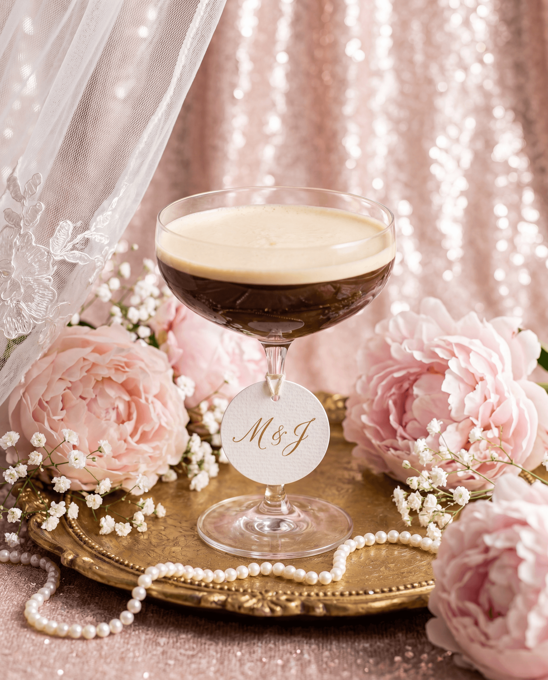 Custom-labeled wedding cocktail with bride and groom initials